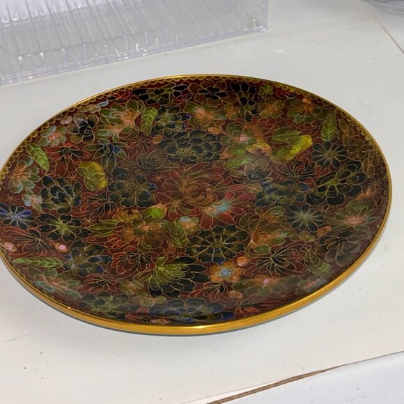 10" Chinese Cloisonne Enamel Brass Plate Holiday Colors Autumn Gold Green Footed - Picture 2 of 10